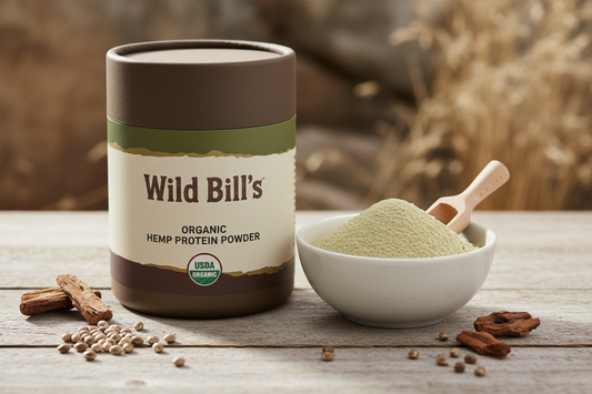 brand: wild bill's, product: USDA organic certified hemp protein powder, do not use hemp leaves in image