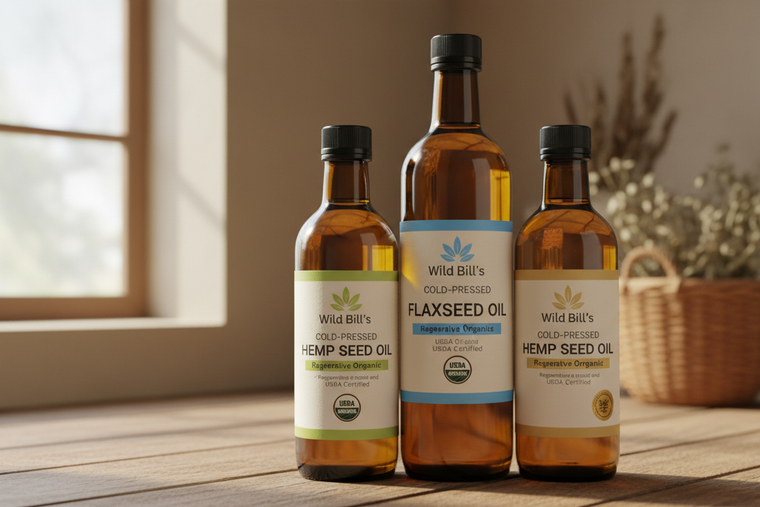3 amber glass bottles branded with "Wild Bill's. the first "Cold-pressed Hemp Seed Oil-Regenerative Organic and USDA Organic Certified", the second bottle "Cold-pressed Flaxseed Oil- USDA Organic Certified", the third bottle "Cold-pressed Hemp Seed Oil- USDA Organic Certified"