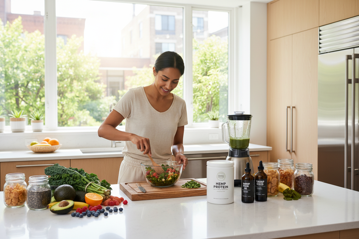 a person making nutrient dense foods with hemp powder and hemp oils