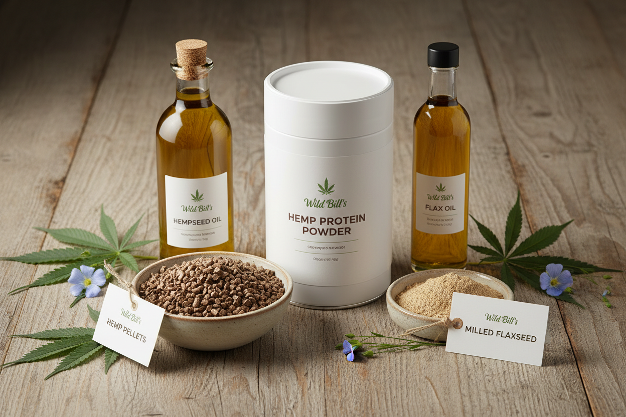 create an image of wild bill's collection of hemp protein power, Hemp pellets, hempseed oil, flaxseed milled, flax oil.  this is for a collection image on the shopify website