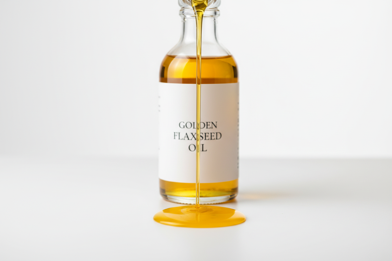 Flaxseed oil drizzling out of bottle