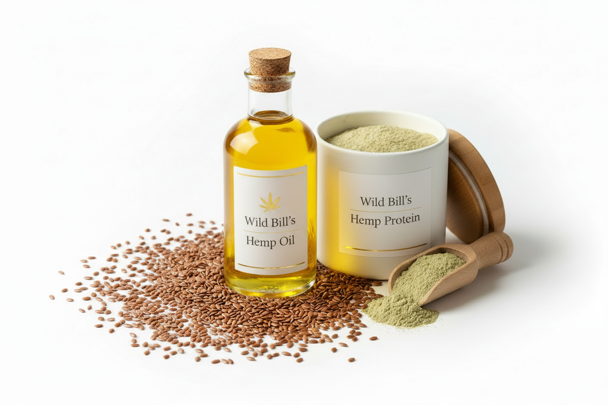 on the bottle label put "Wild Bill's Hemp Oil" and on the protein jar put "Wild Bill's Hemp Protein