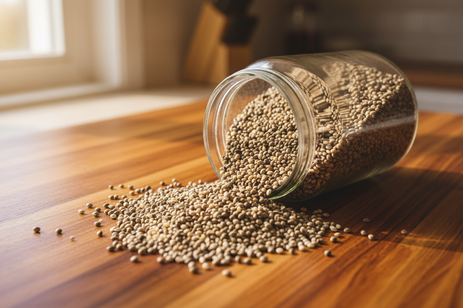 please create a jar of hemp seeds and that have cleanly overflowed onto a warm wooden countertop