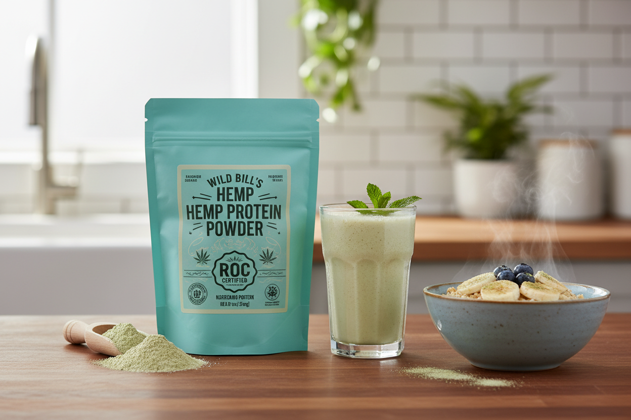 please create an image with a light turquoise bag that says "Wild Bill' Hemp Protein Powder, ROC Certified" with a yummy shake and a bowl of oatmeal with hemp powder sprinkled on top and a clear design of powder on the counter near the foods and bag